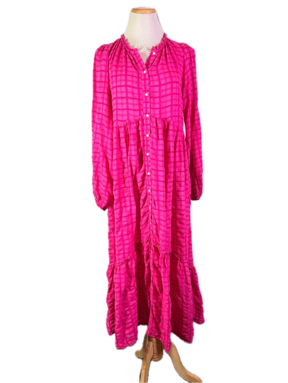 Free People Size S Edie Pink Long Sleeve Plaid Maxi Dress